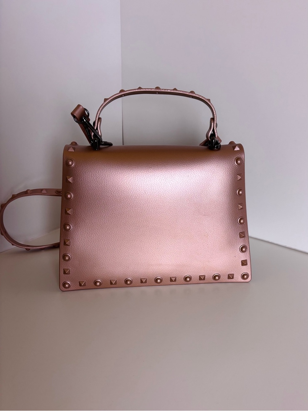 Studded Metallic Rose Rivet Crossbody Top Handel Faux Leather Unlined Handbag - Picture 4 of 9